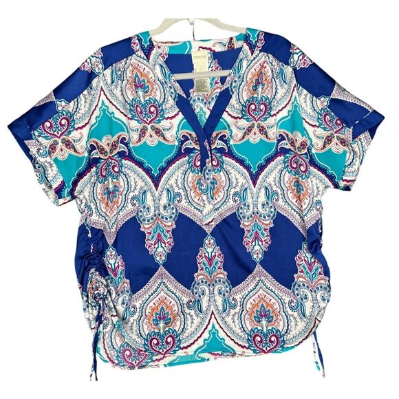 Chicos Boho Peasant Blouse Top Chicos 2/L/12 Paisley Chic Cap Sleeve Side Cinch - Picture 1 of 10